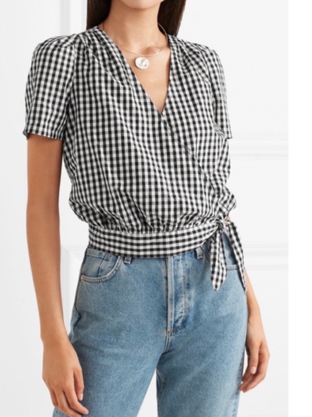 Madewell Black & White Gingham Cotton Poplin Wrap Short-Sleeve Top